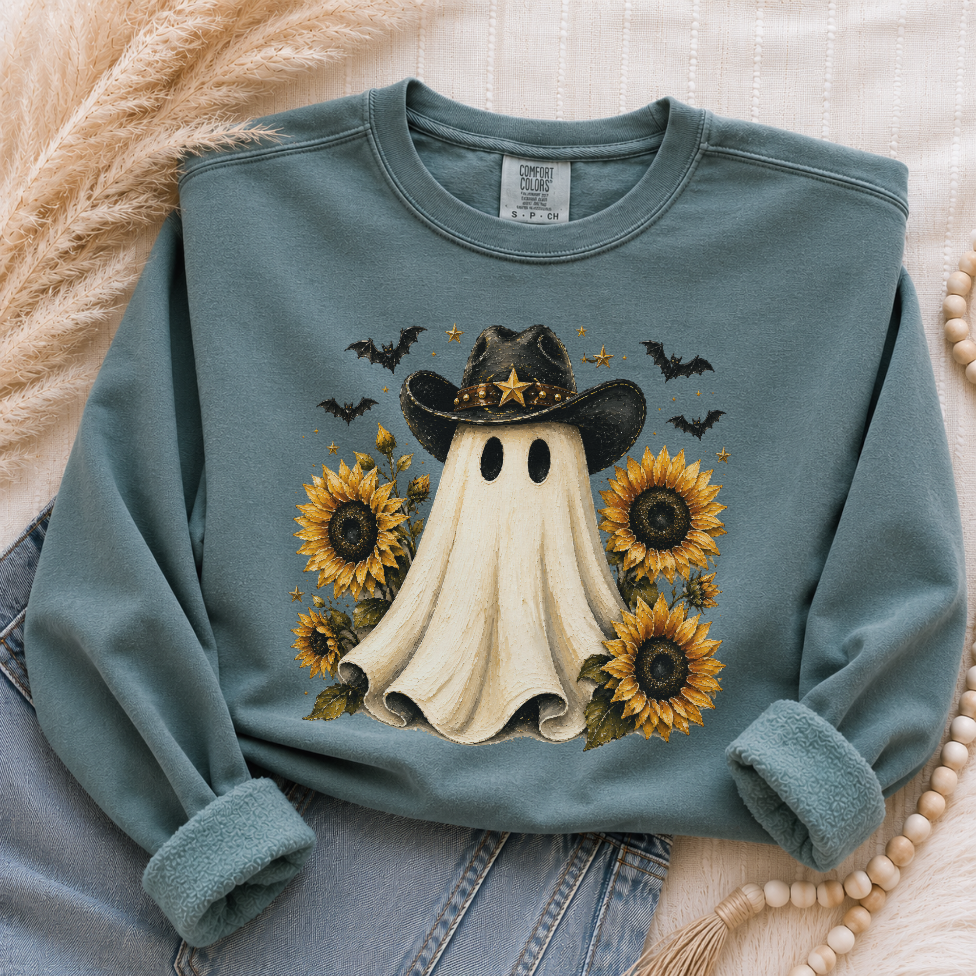 Cowboy Ghost Sweatshirt with Sunflowers – Cute Halloween Fall Pullover
