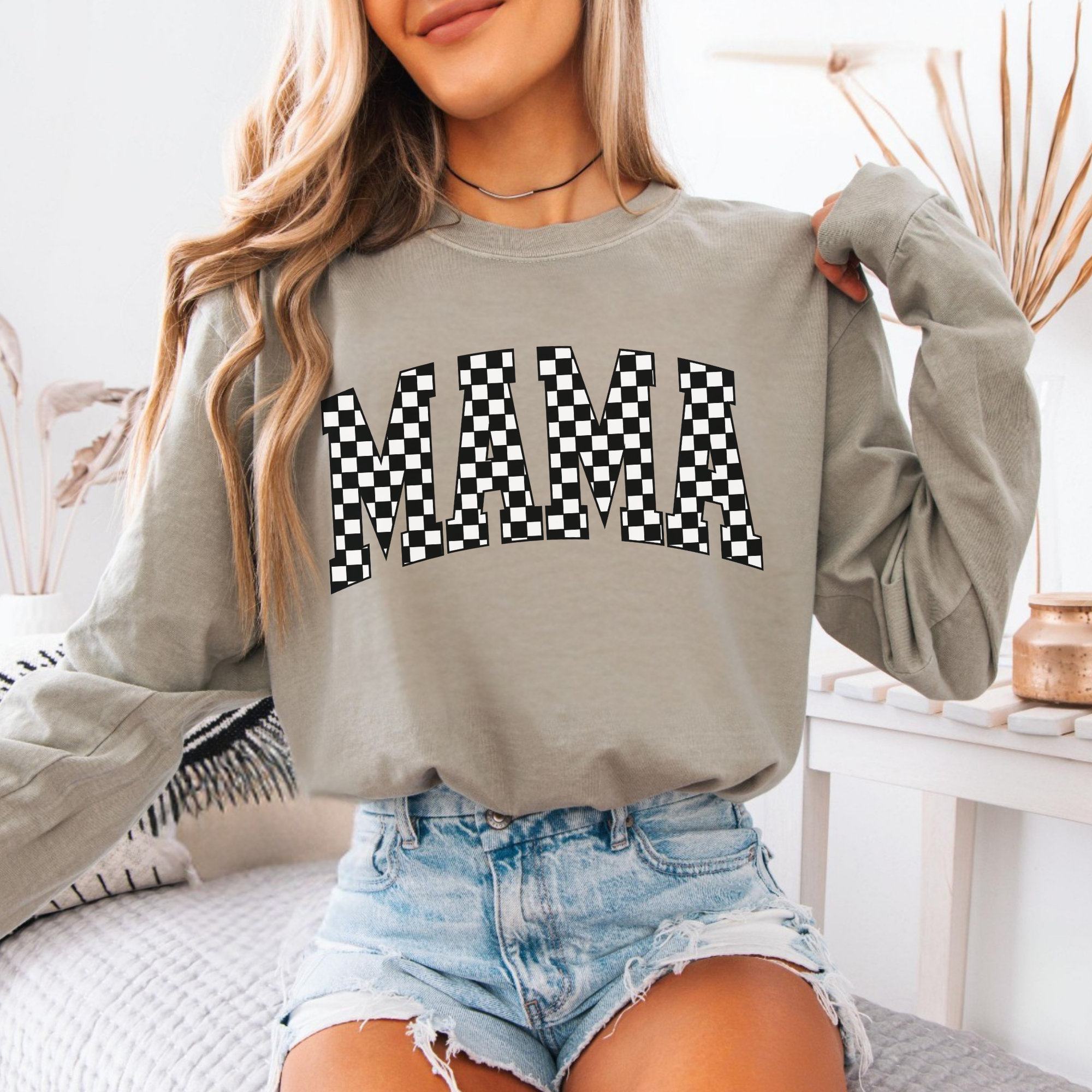 Mama Checkerboard Long Sleeve T-Shirt