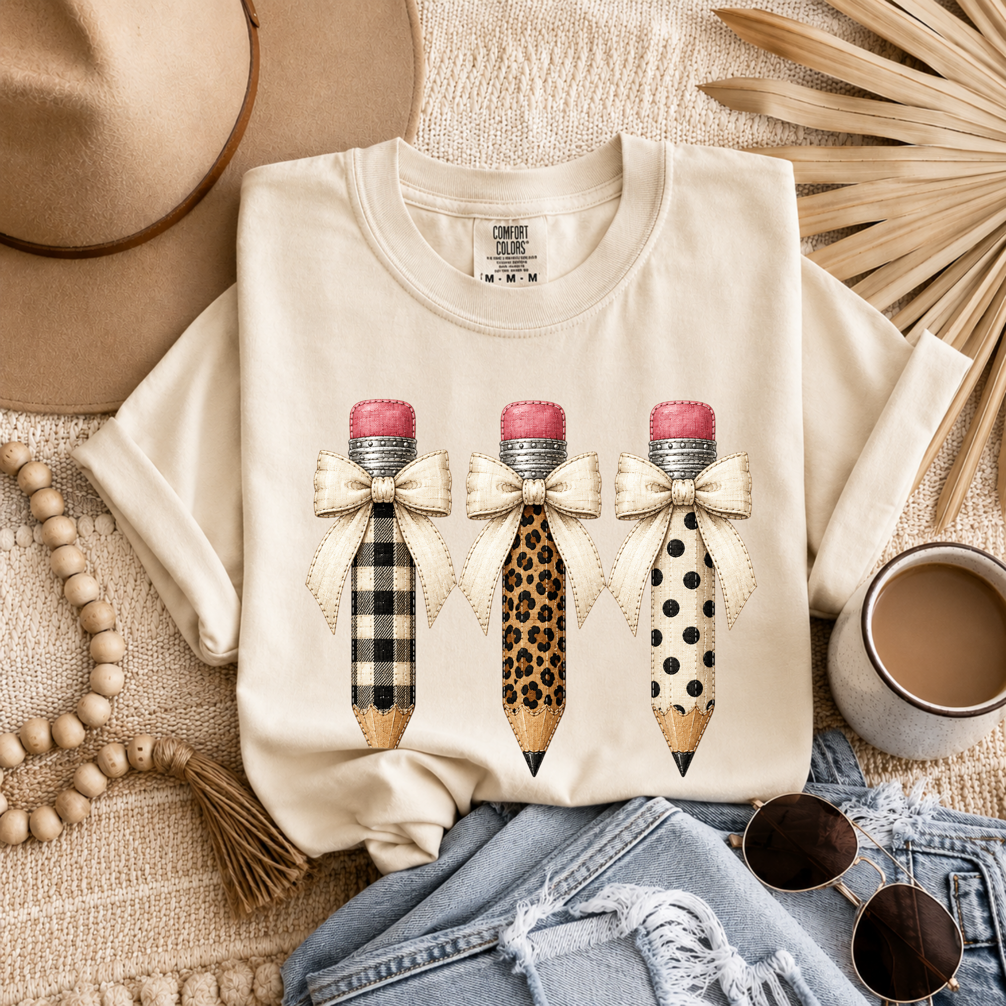 Patterned Pencil Trio T-Shirt — Plaid, Leopard & Polka Dot Back-to-School Tee