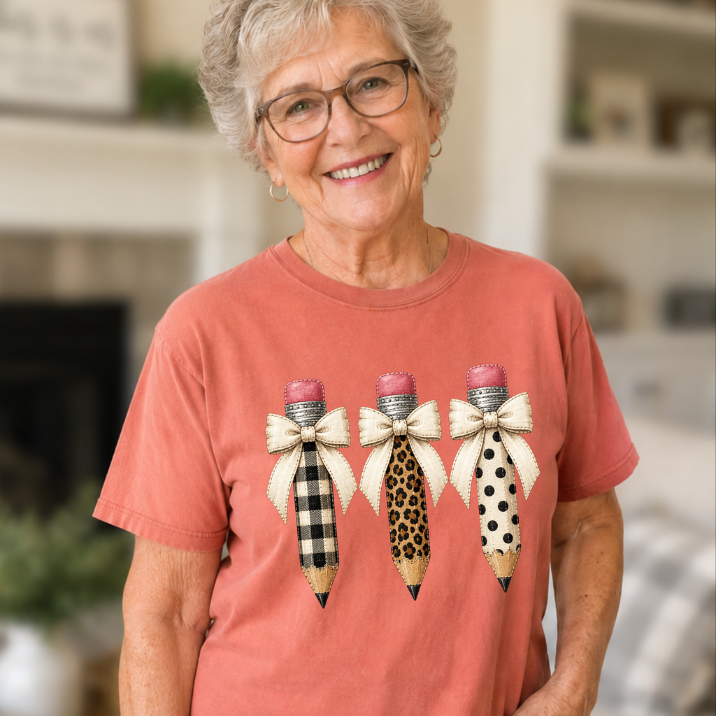 Patterned Pencil Trio T-Shirt — Plaid, Leopard & Polka Dot Back-to-School Tee