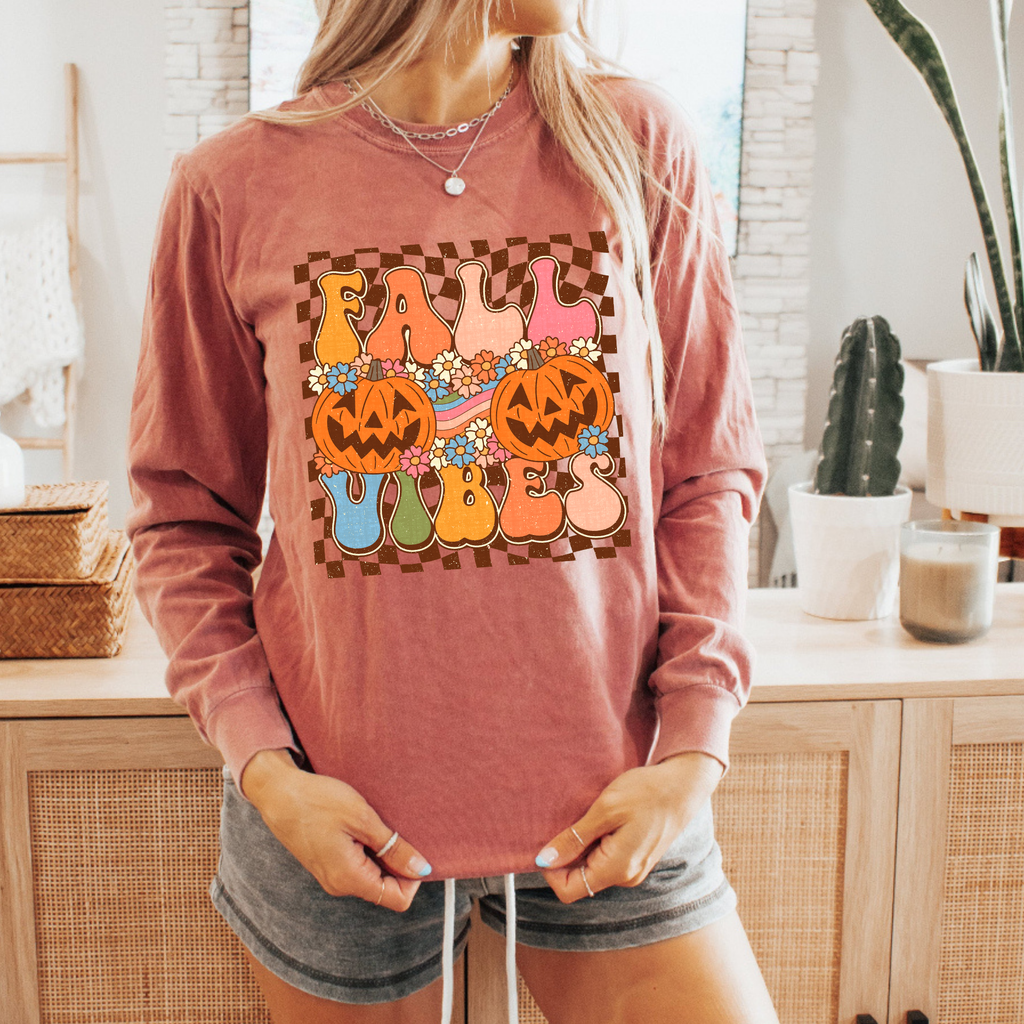 Fall Vibes Sweatshirt — Retro Pumpkins & 'Fall Vibes' Graphic Crewneck