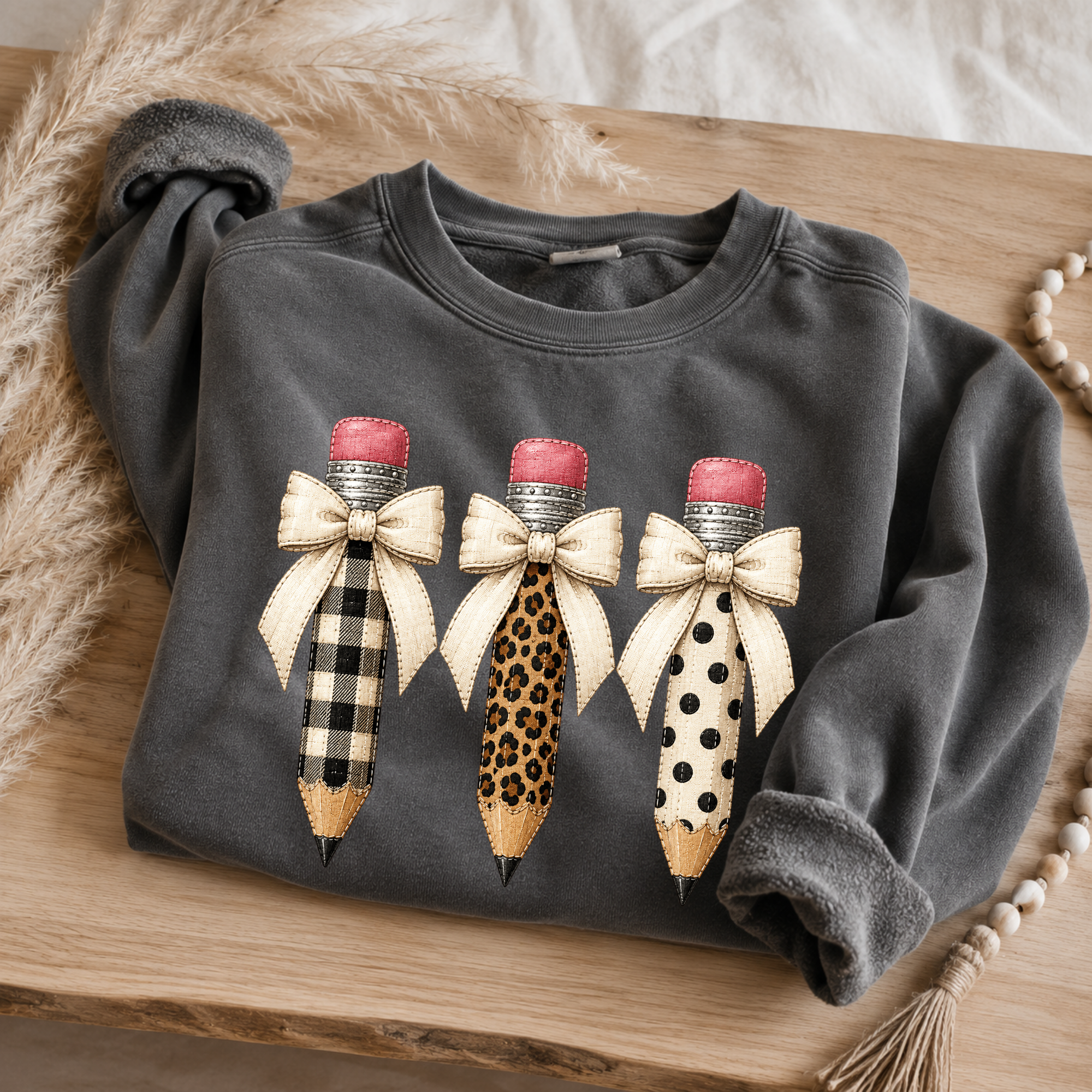 Patterned Pencil Trio Crewneck Sweatshirt - Buffalo Plaid, Leopard & Polka Dot Back-to-School Gift.