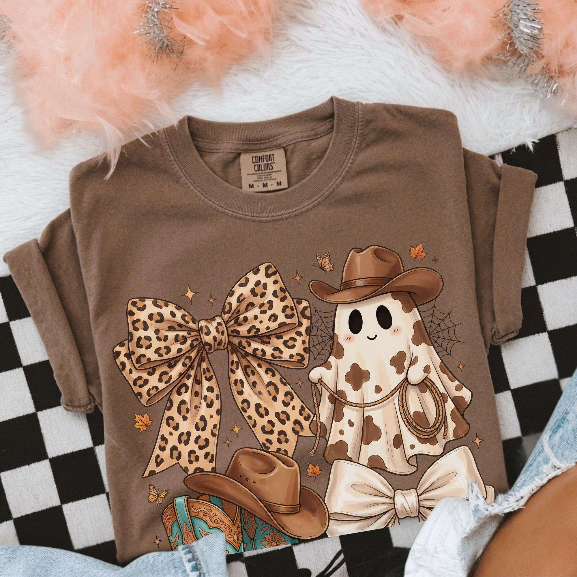 Cowgirl Halloween Tee — Leopard Bow, Cowboy Boots & Ghost Graphic T-Shirt
