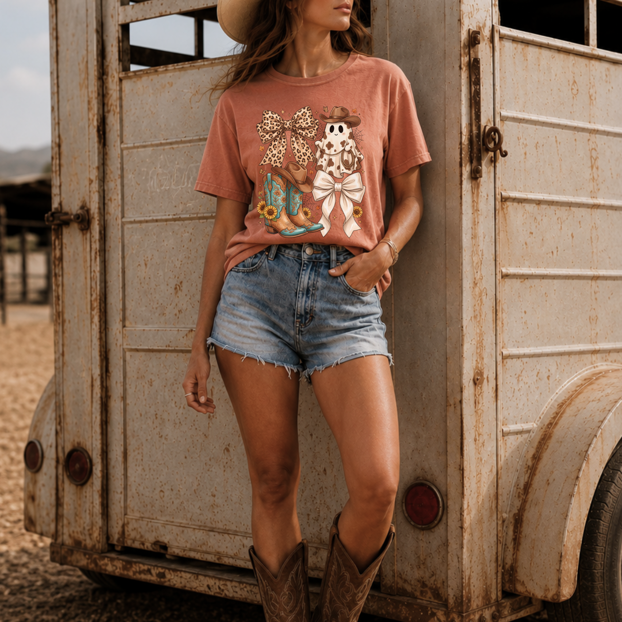 Cowgirl Halloween Tee — Leopard Bow, Cowboy Boots & Ghost Graphic T-Shirt