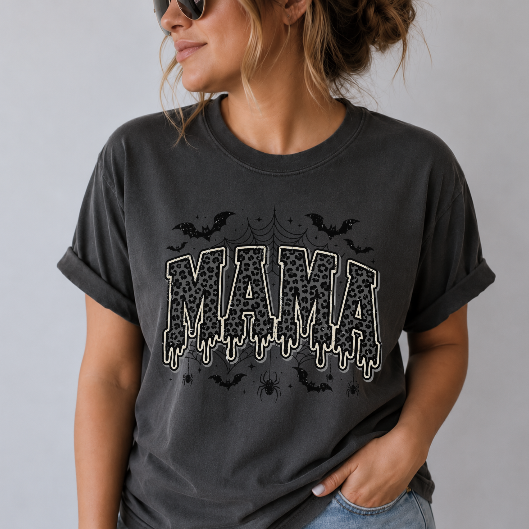 Comfort Colors Mama Halloween T-Shirt — Dripping Spooky "MAMA" Design with Bats & Spiders