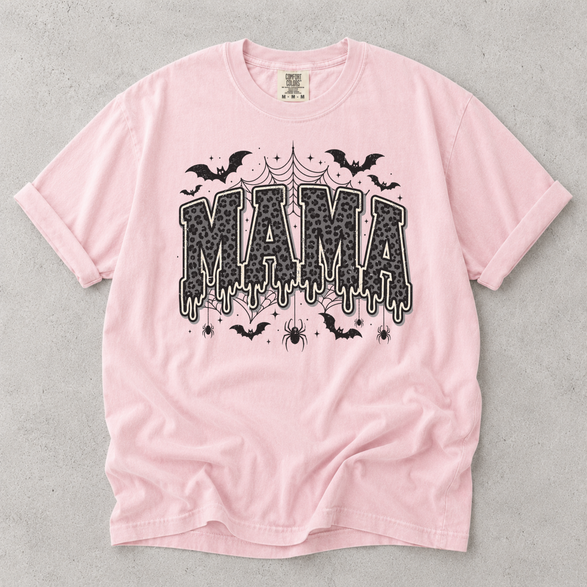 Comfort Colors Mama Halloween T-Shirt — Dripping Spooky "MAMA" Design with Bats & Spiders