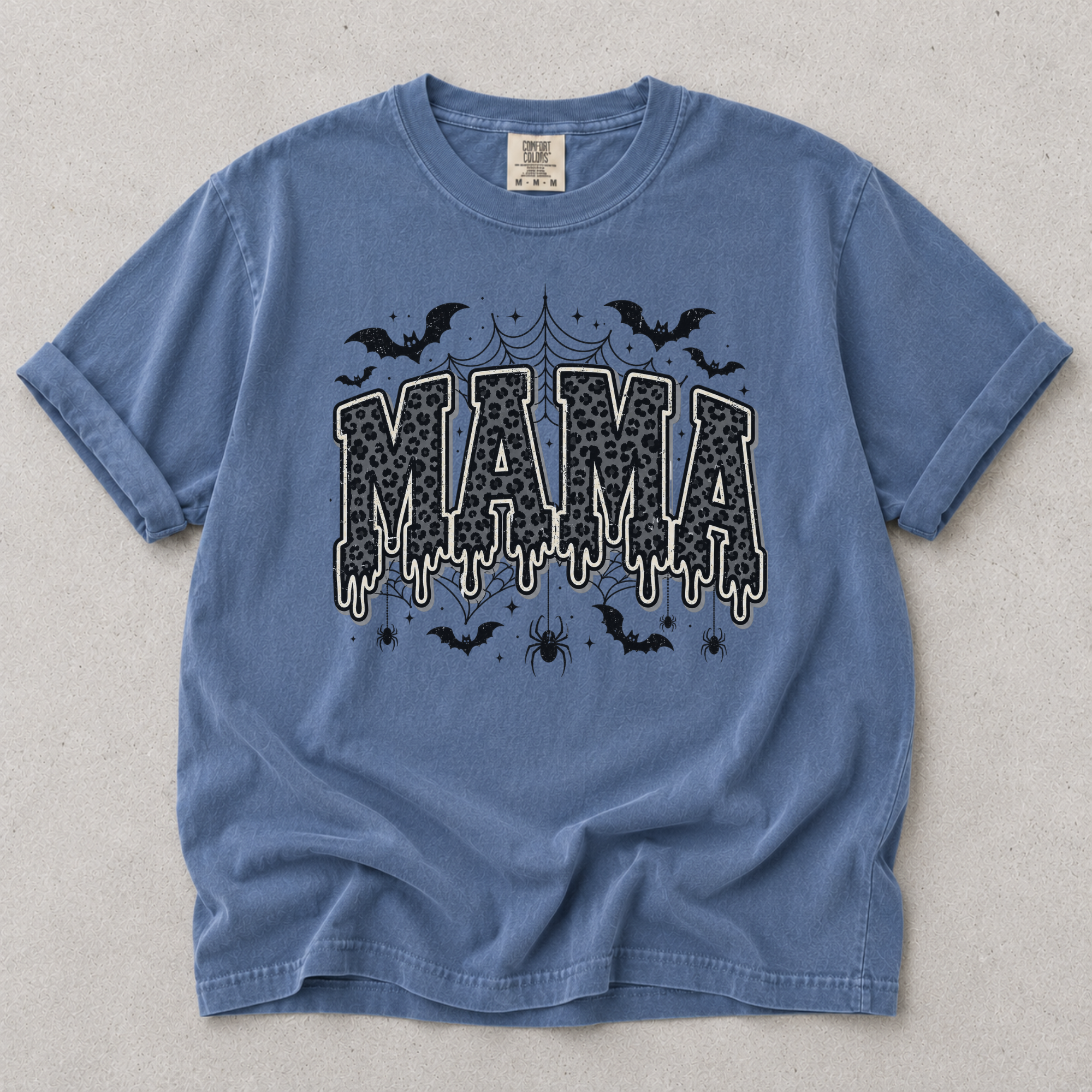 Comfort Colors Mama Halloween T-Shirt — Dripping Spooky "MAMA" Design with Bats & Spiders