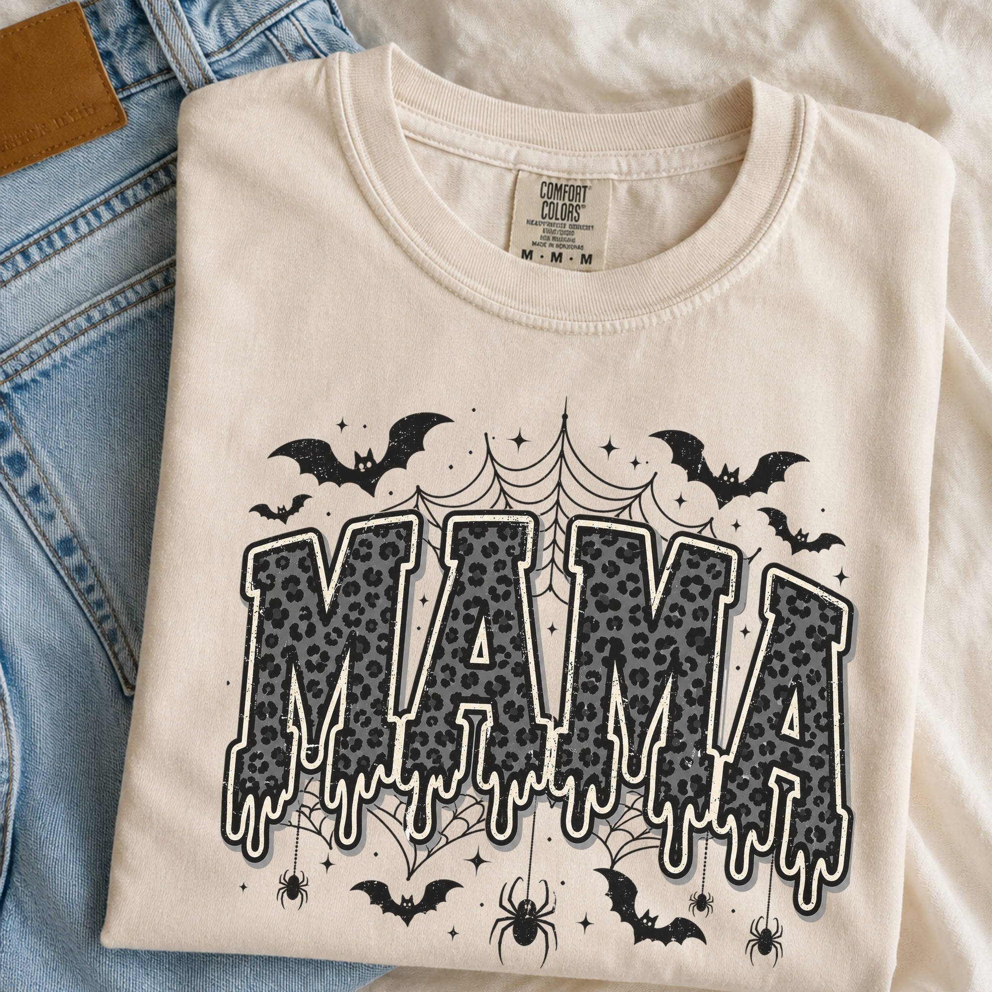 Comfort Colors Mama Halloween T-Shirt — Dripping Spooky "MAMA" Design with Bats & Spiders