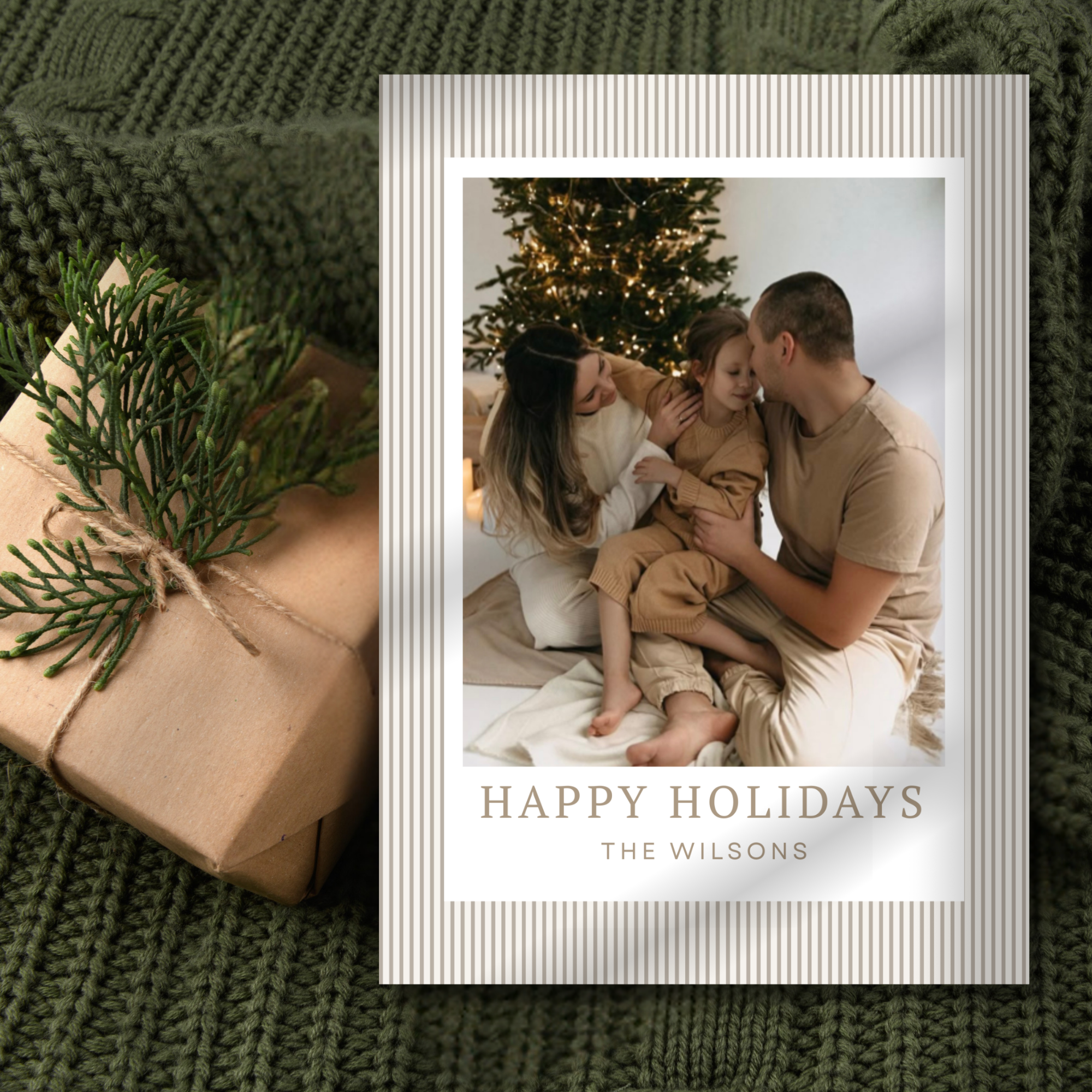 Neutral Striped Minimalist Holiday Card Template | Editable Christmas Photo Card | Modern Family Holiday Card | Canva Template | Instant Download