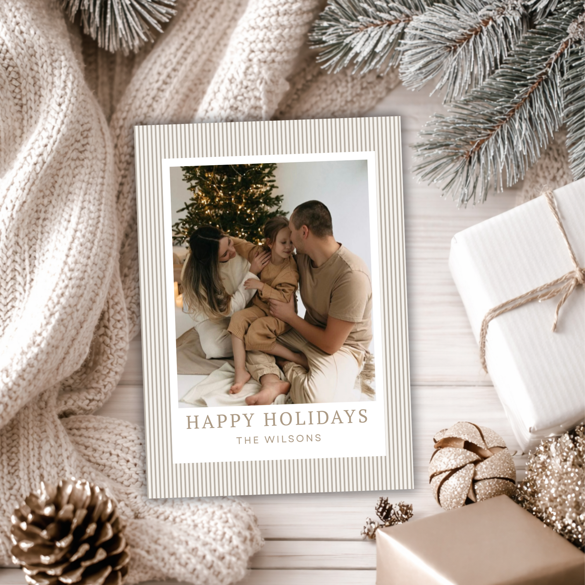 Neutral Striped Minimalist Holiday Card Template | Editable Christmas Photo Card | Modern Family Holiday Card | Canva Template | Instant Download