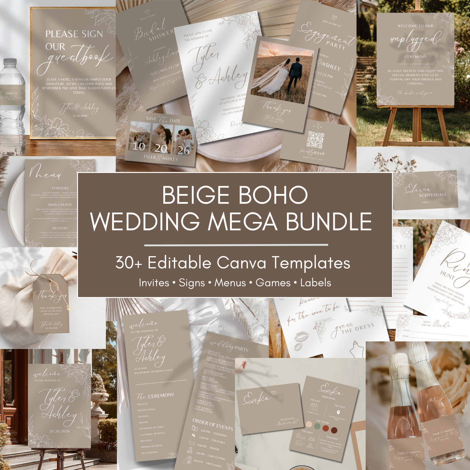 Neutral Wedding Mega Bundle Editable Canva Templates | Minimalist Taupe Wedding Suite | Printable Wedding Signs Invitations Menu Bundle