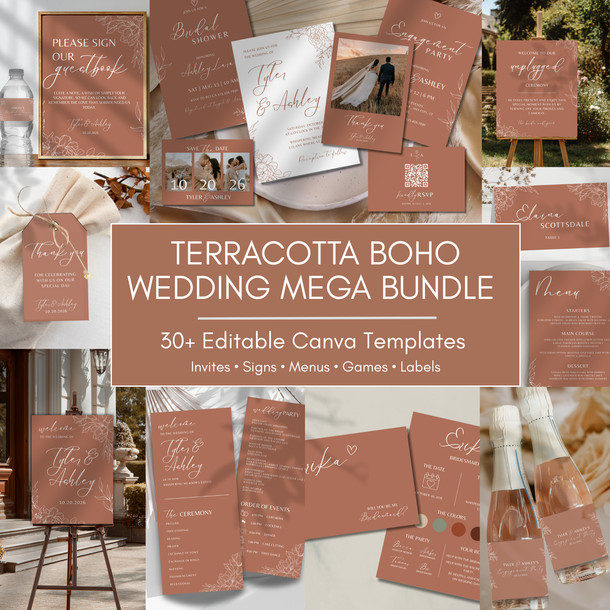 Terracotta Boho Wedding Mega Bundle | 30+ Editable Canva Wedding Templates | Invitation Suite, Signs, Menu, Games, Labels
