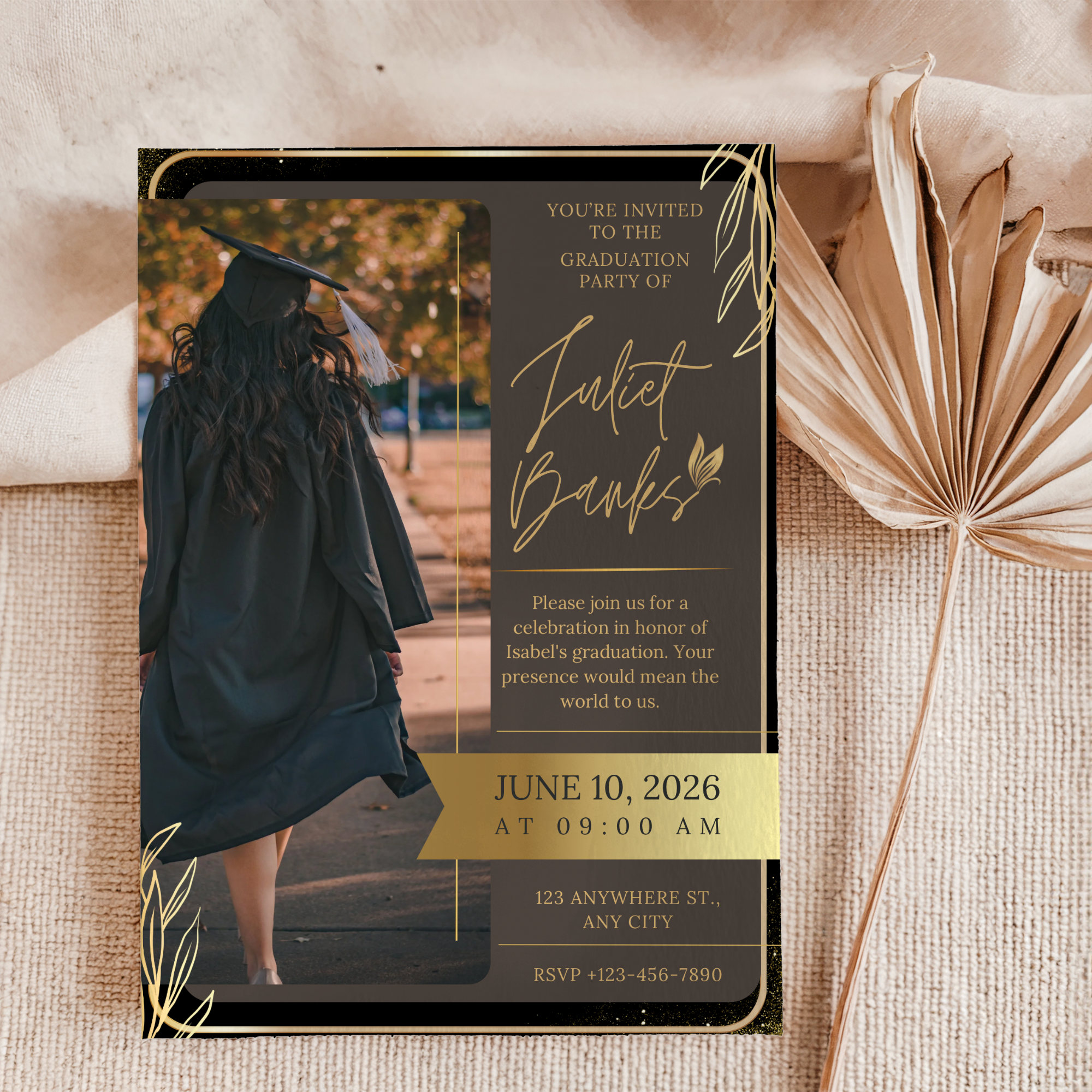 Printable Graduation Photo Invitation | Black Gold Grad Party Invite | Editable Graduate Announcement | Class of 2026 Custom Invite