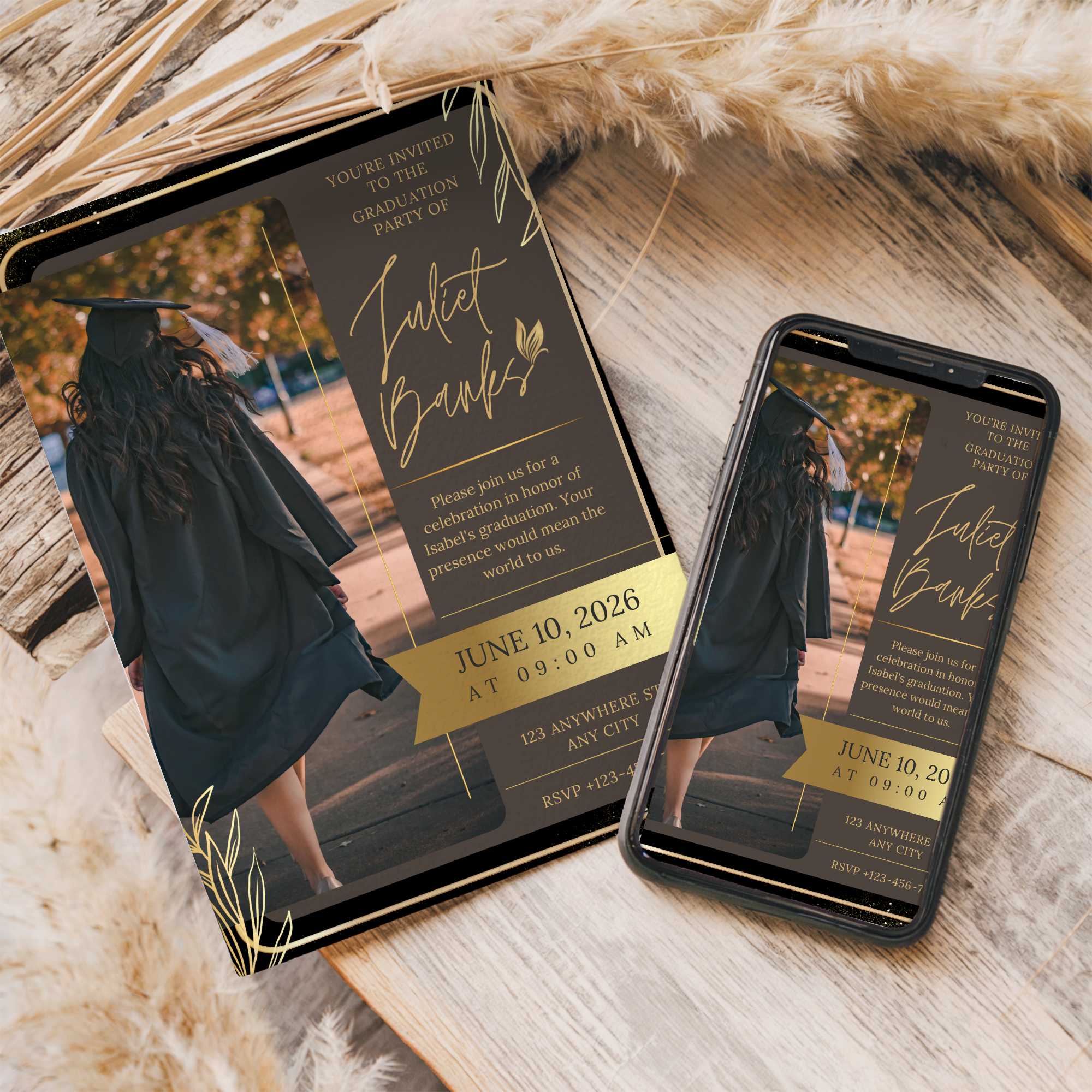 Printable Graduation Photo Invitation | Black Gold Grad Party Invite | Editable Graduate Announcement | Class of 2026 Custom Invite