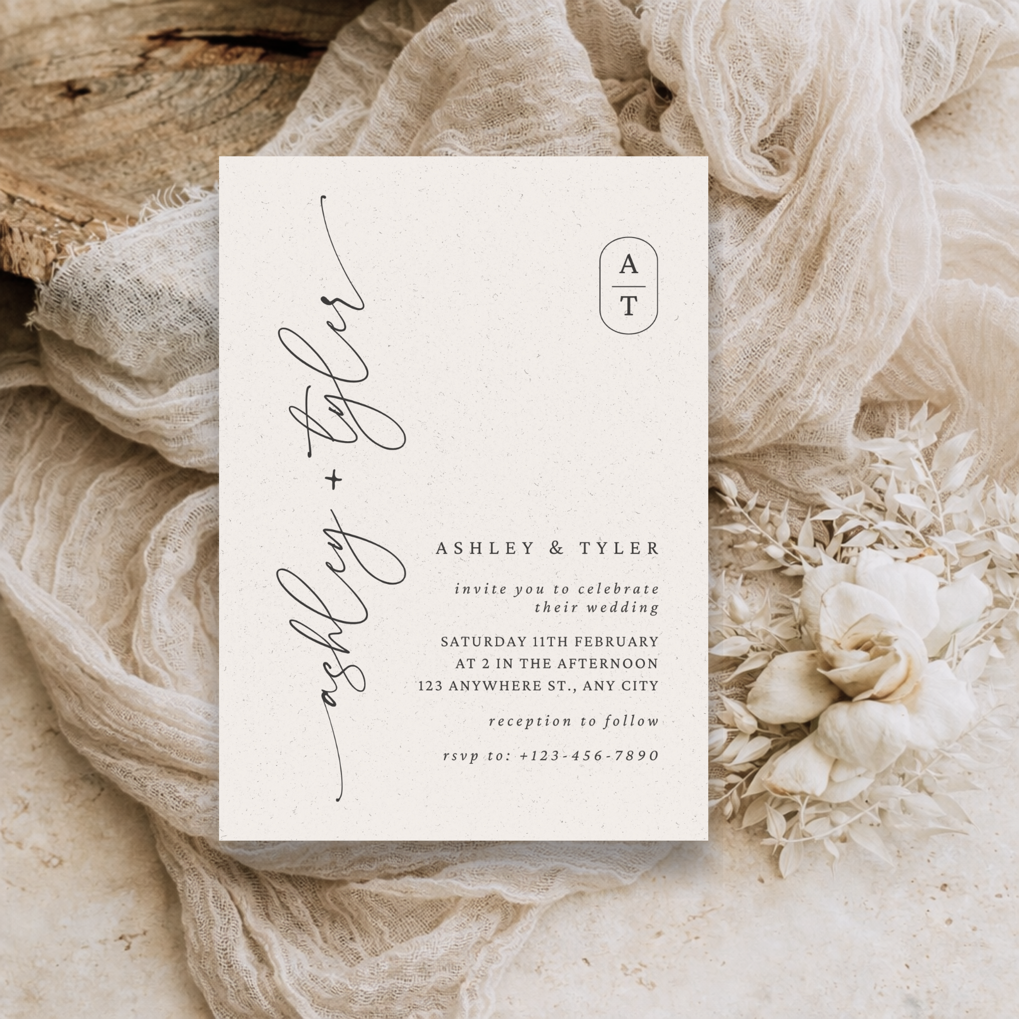 Boho Neutral Wedding Invitation Template | Minimalist Script Wedding Invite | Editable Canva Wedding Invitation | Modern Beige Wedding Suite