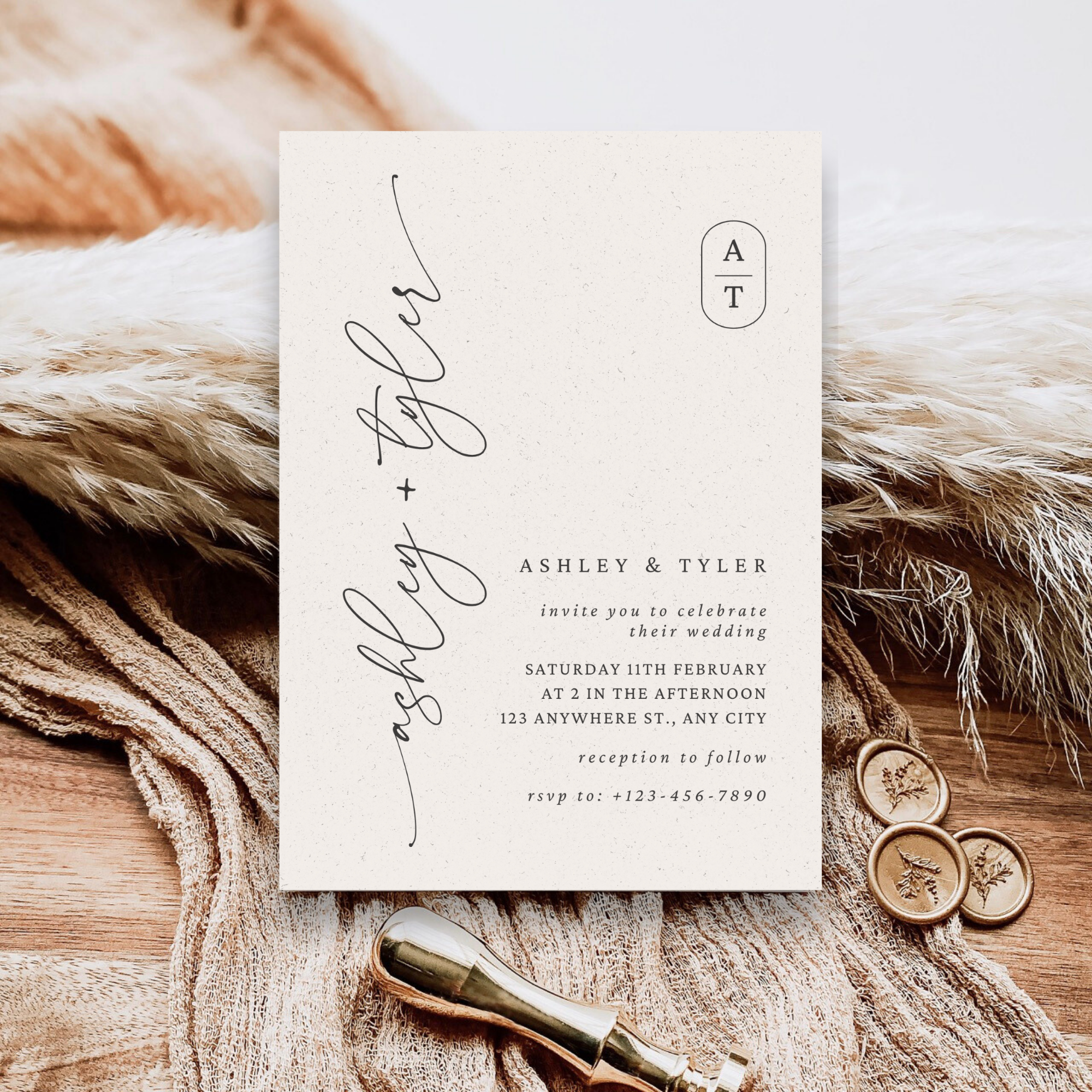Boho Neutral Wedding Invitation Template | Minimalist Script Wedding Invite | Editable Canva Wedding Invitation | Modern Beige Wedding Suite