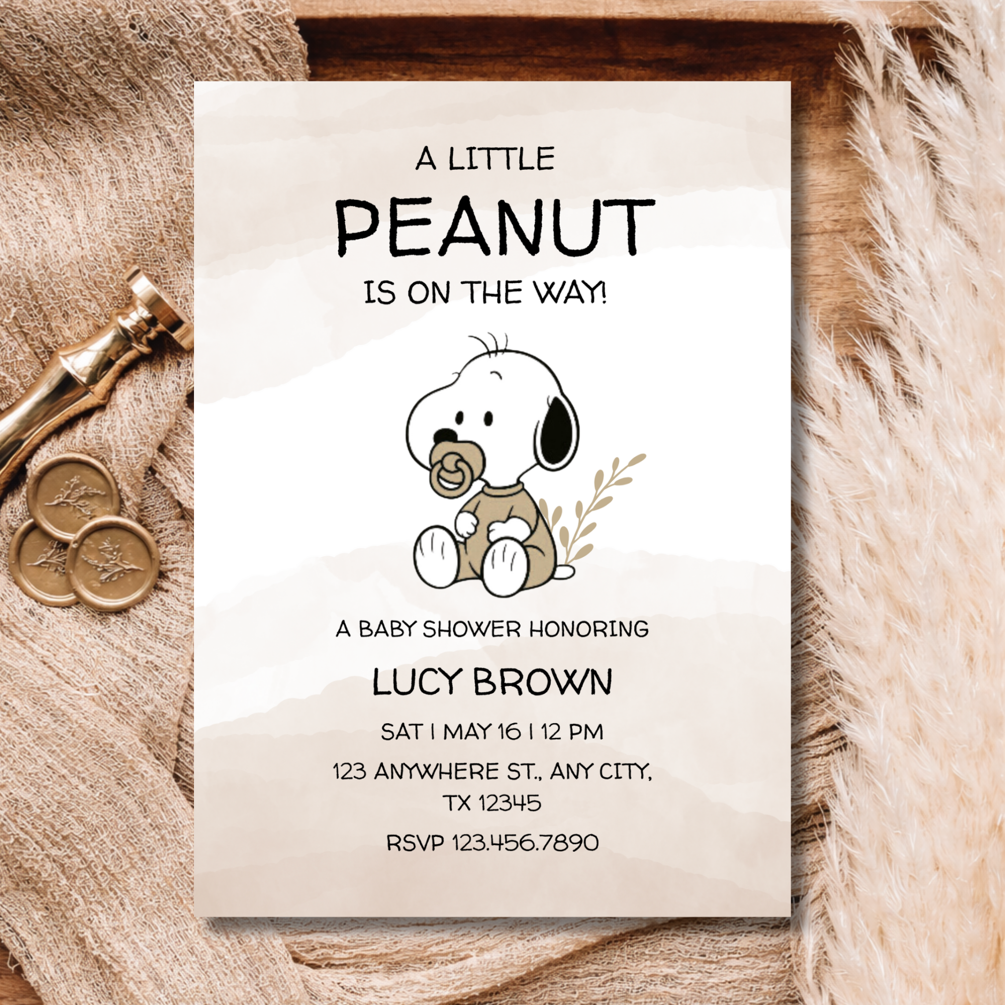 Neutral Boho Baby Shower Invitation Template | Peanut Baby Shower Invite | Editable Canva Baby Shower Invitation | Minimalist Neutral Baby Shower
