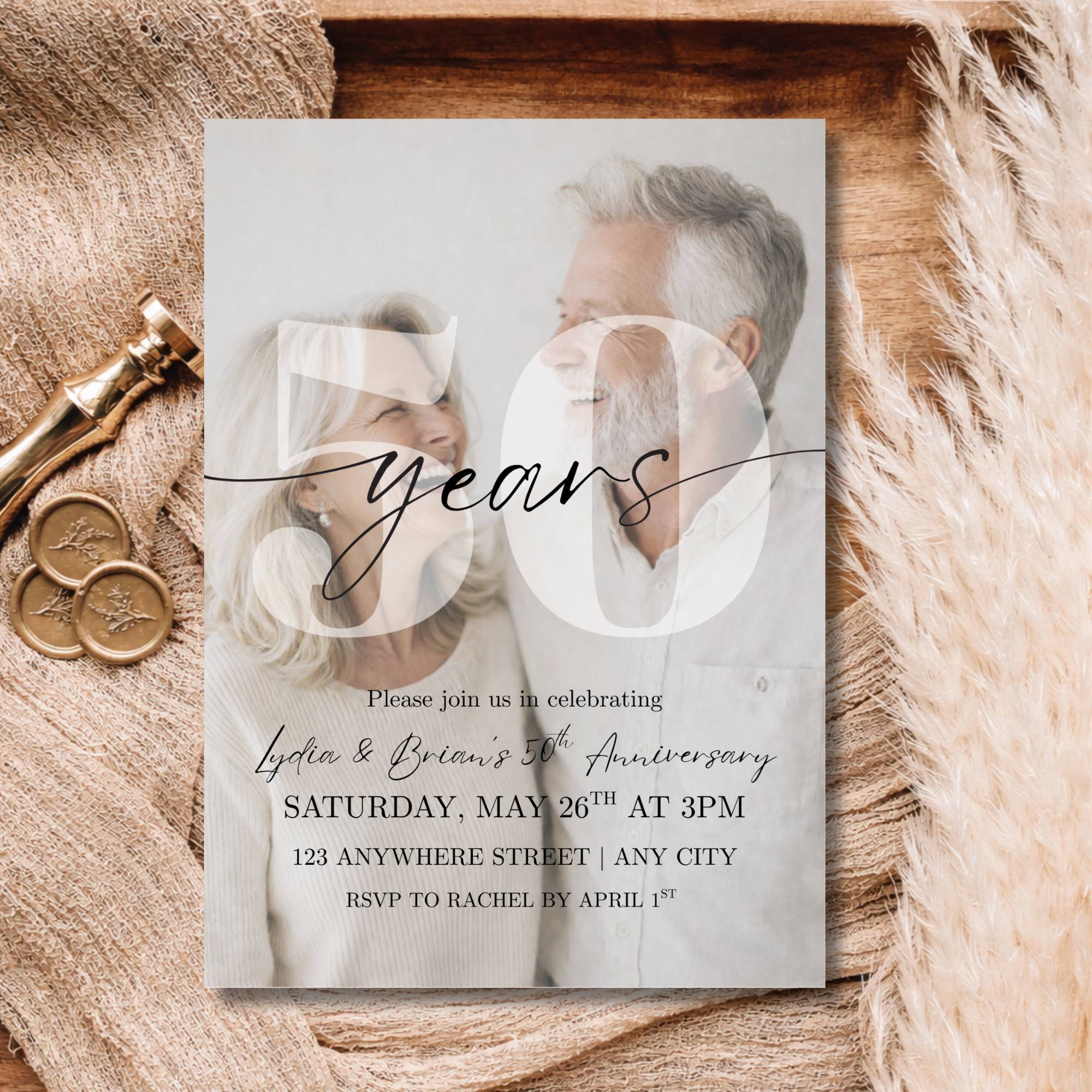 50th Anniversary Photo Invitation Template | Editable Golden Wedding Anniversary Invite | Modern Script Minimal Anniversary Party Invite