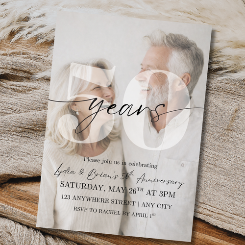 50th Anniversary Photo Invitation Template | Editable Golden Wedding Anniversary Invite | Modern Script Minimal Anniversary Party Invite