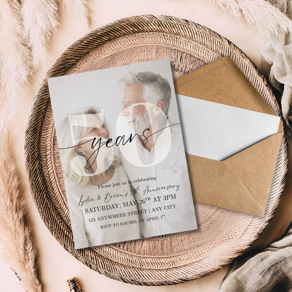 50th Anniversary Photo Invitation Template | Editable Golden Wedding Anniversary Invite | Modern Script Minimal Anniversary Party Invite