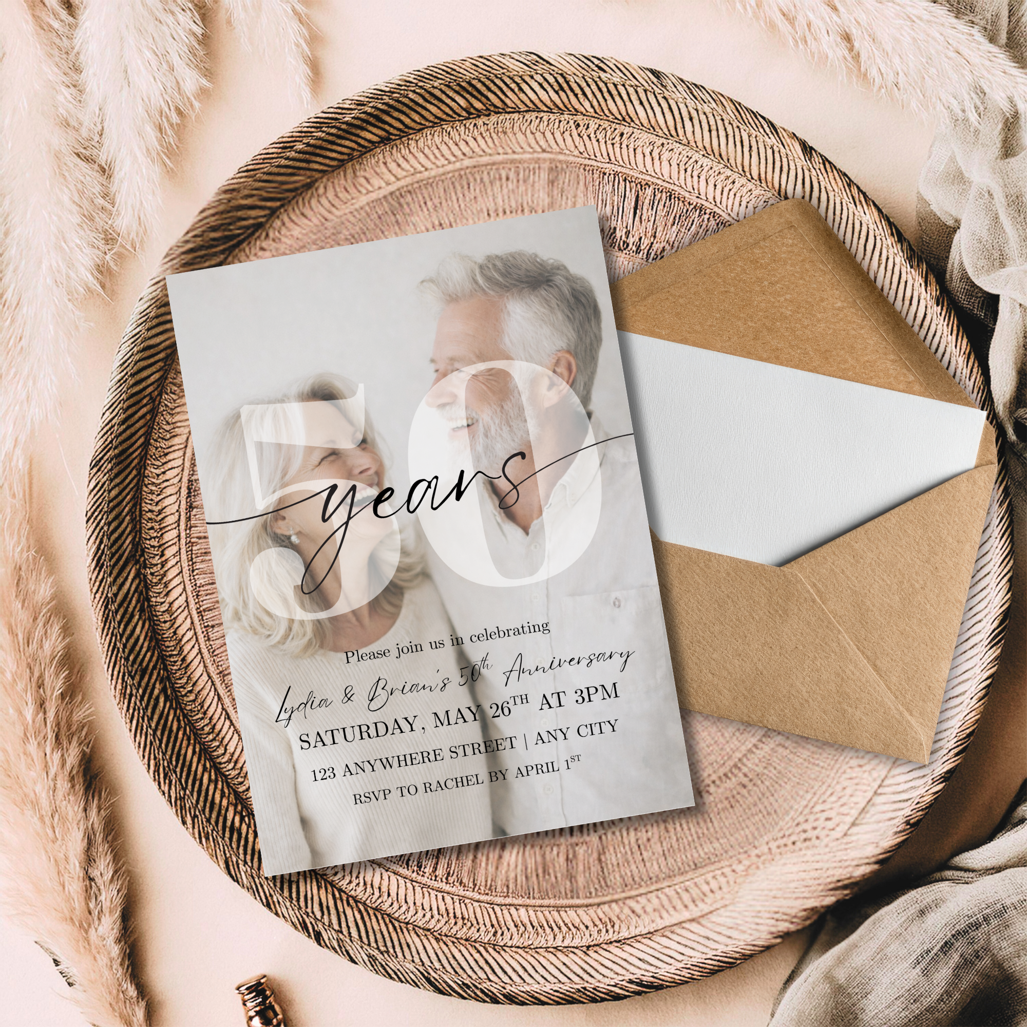 50th Anniversary Photo Invitation Template | Editable Golden Wedding Anniversary Invite | Modern Script Minimal Anniversary Party Invite