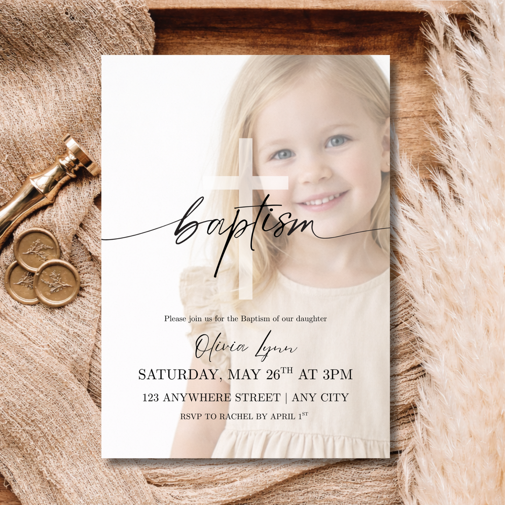 Baptism Invitation Photo Template | Editable Christening Invite | Modern Script Cross Baptism Invite | Editable Canva Baptism Announcement