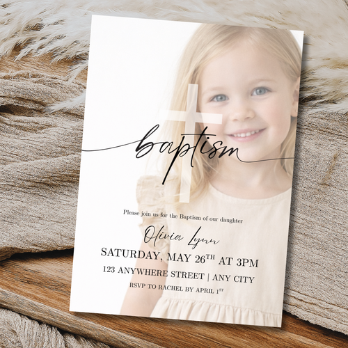 Baptism Invitation Photo Template | Editable Christening Invite | Modern Script Cross Baptism Invite | Editable Canva Baptism Announcement