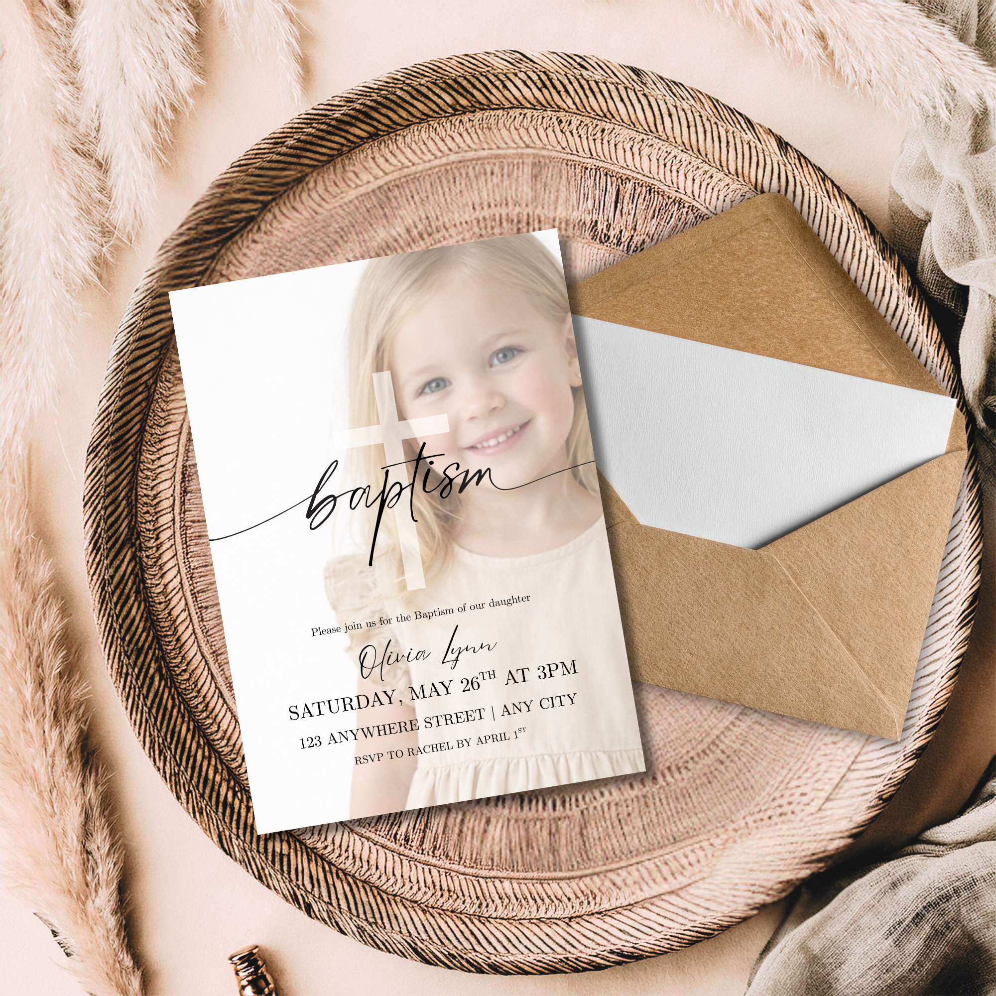 Baptism Invitation Photo Template | Editable Christening Invite | Modern Script Cross Baptism Invite | Editable Canva Baptism Announcement