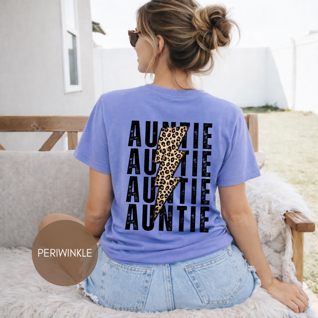 Auntie Lightning Bolt Leopard Graphic T-Shirt — Gift for Aunt, Oversized Back Print