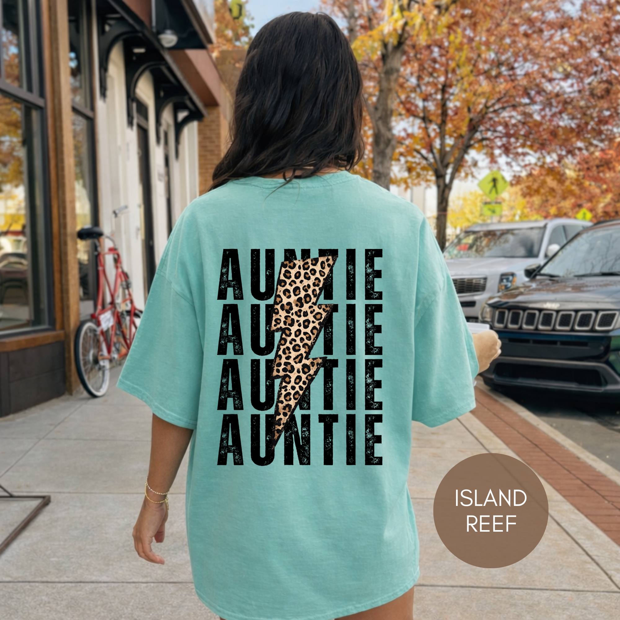 Auntie Lightning Bolt Leopard Graphic T-Shirt — Gift for Aunt, Oversized Back Print