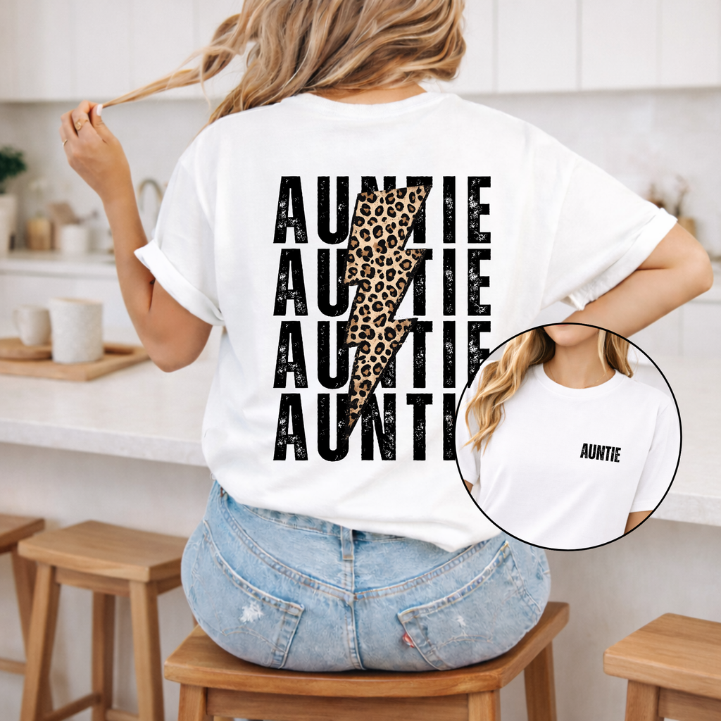 Auntie Lightning Bolt Leopard Graphic T-Shirt — Gift for Aunt, Oversized Back Print
