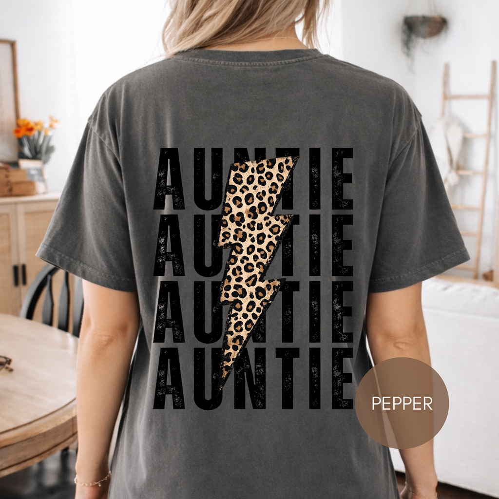 Auntie Lightning Bolt Leopard Graphic T-Shirt — Gift for Aunt, Oversized Back Print