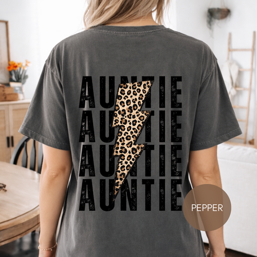 Auntie Lightning Bolt Leopard Graphic T-Shirt — Gift for Aunt, Oversized Back Print