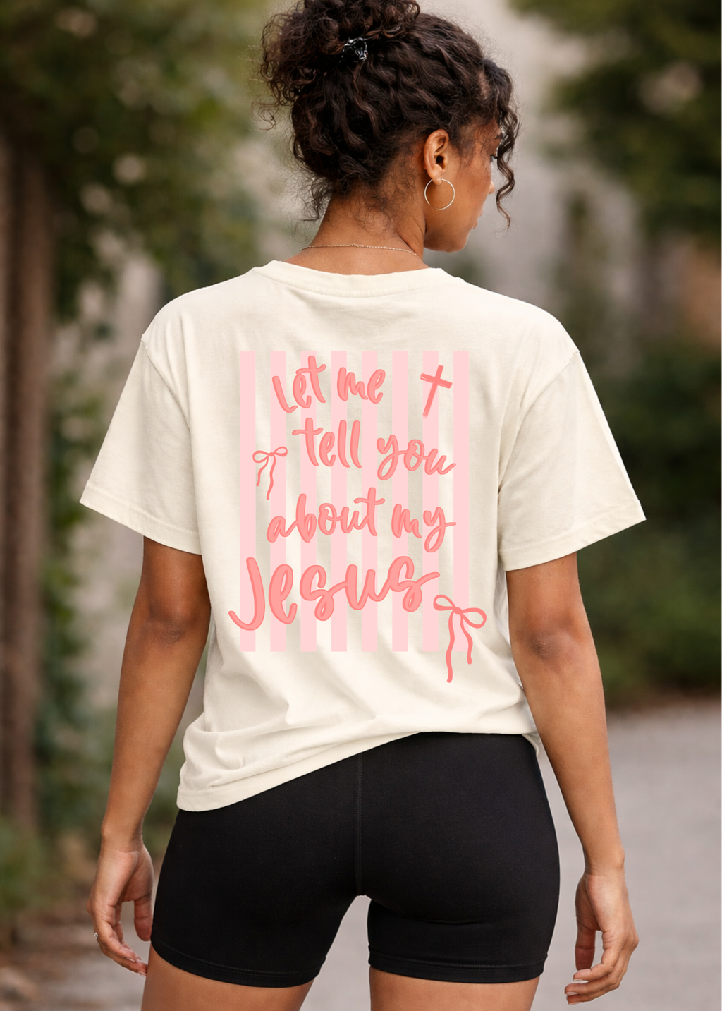 Let Me Tell You About My Jesus Pink Stripe Christian T-Shirt