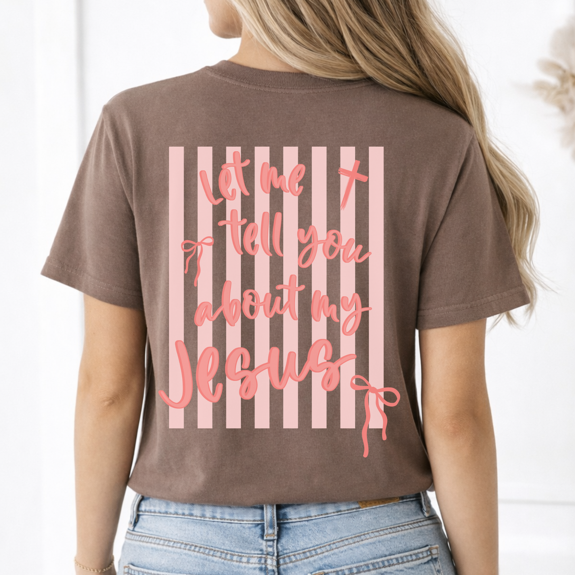 Let Me Tell You About My Jesus Pink Stripe Christian T-Shirt
