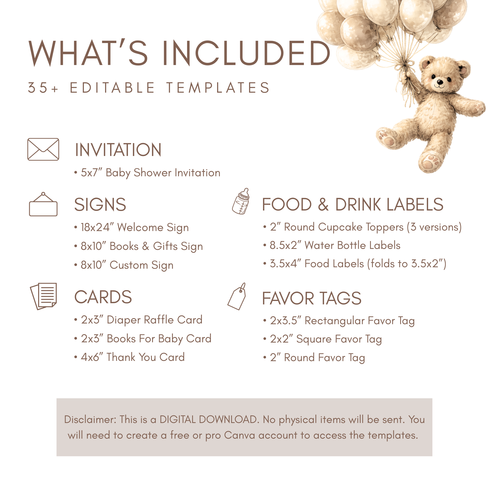 We Can Bearly Wait Baby Shower Bundle | Editable Bear Baby Shower Templates | Canva Instant Download