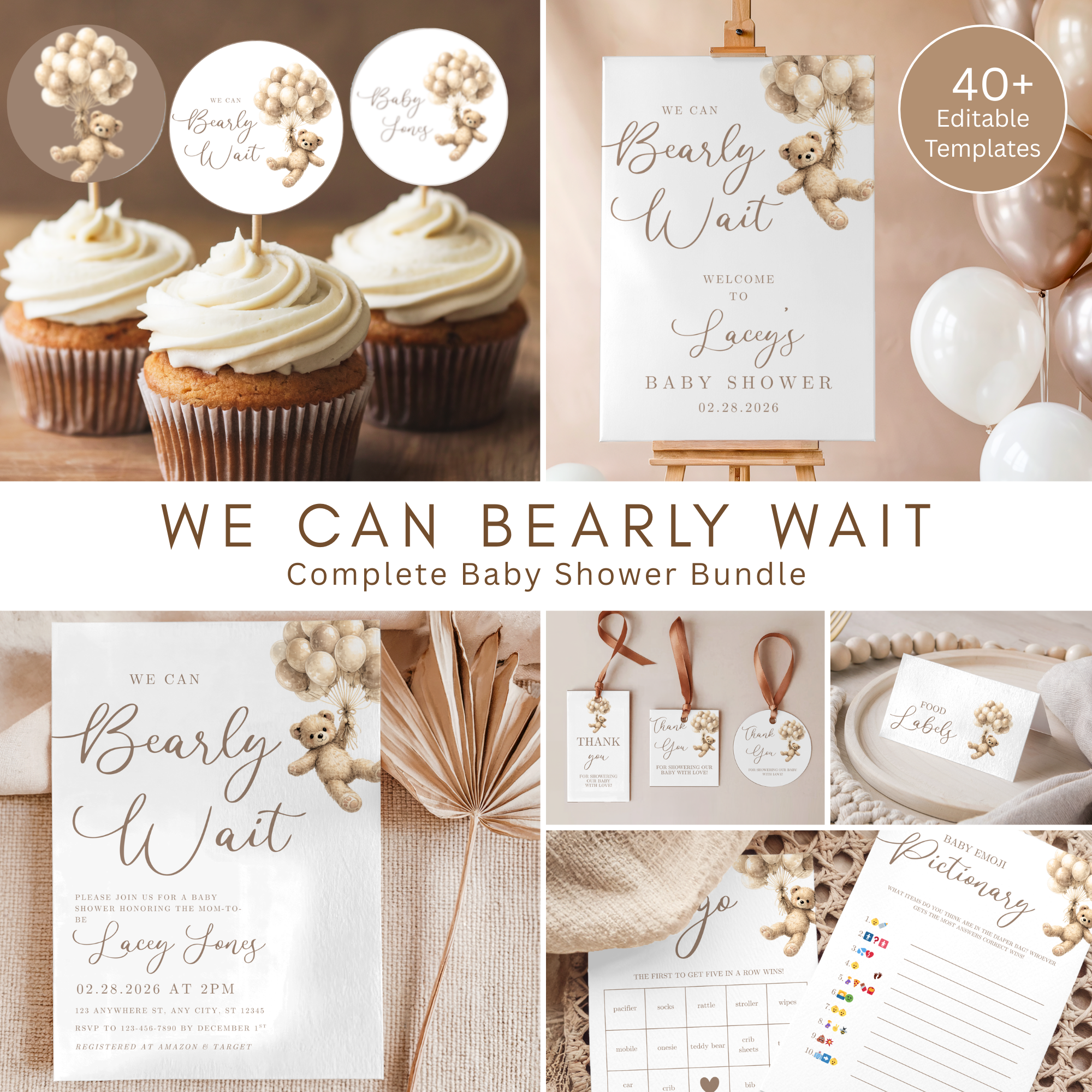 We Can Bearly Wait Baby Shower Bundle | Editable Bear Baby Shower Templates | Canva Instant Download